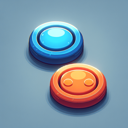2 boutons de jeu vidéo ronds, un bleu et un orange, vides, style jeu vidéo, vue de dessus