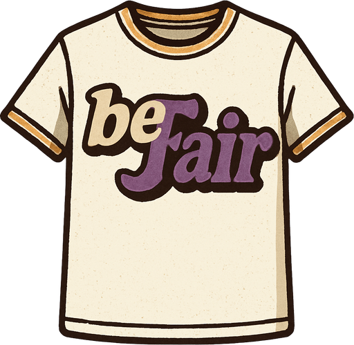 Beyaz bir t-shirt oluştur . üsütünde beFair yazsın t-shirtün . be beyaz Fair mor renkte olsun . retro temada olsun.
In-Game asset.  2d.  High contrast.  No shadows