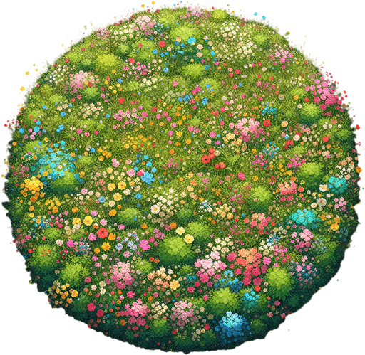 a lush meadow full of tiny flowers. top-down view.
Single Game Texture. In-Game asset. 2d. Blank background. High contrast. No shadows.