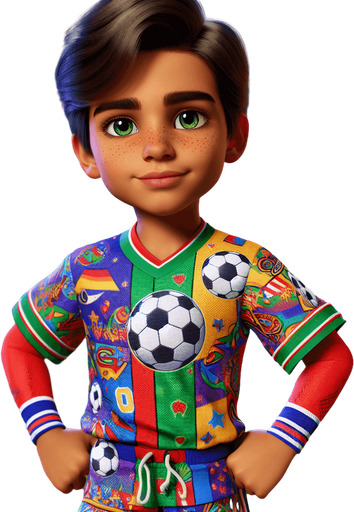 Boy standing in front cartoon soccer uniform
