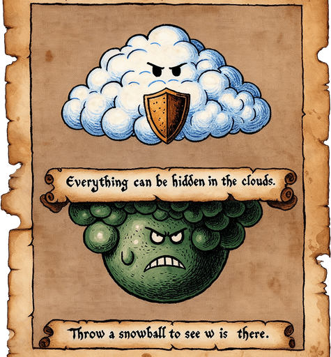 a pergament with a snowball and two clouds, in one cloud is a powerful shield hidden, in a other cloud is a grinding grinch with a bomb.  There is the text: "Everything can be hidden in the clouds. Throw a snowball to see what is there."