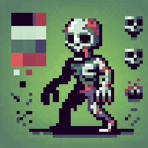 Zombie pixer.
Single Game Texture.  In-Game asset.  2d.  Blank background.  High contrast.  No shadows