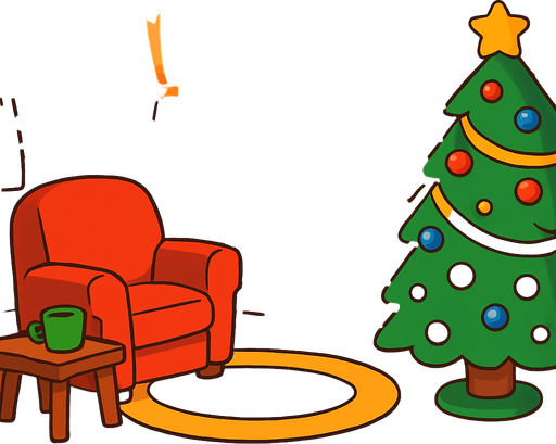 a cartoon style 3d image of a cozy christmas living room with a cozy fire in a fireplace..
In-Game asset.  2d.  High contrast.  No shadows