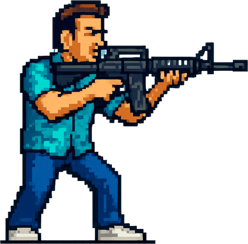 tommy vercetti de gta vice city hecho con pixeles apuntando con un rifle de asalto m4 con la perspcetiva lateral.
In-Game asset.  2d.  High contrast.  No shadows