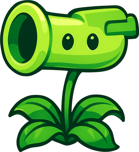 una planta de color verde brillante con forma de pistola vegetal: su “cañón” cilíndrico, ligeramente más ancho en la boca, luce un tono verde claro con un suave degradado y un brillo que le da volumen. Sus ojos son dos círculos lisos y oscuros, casi sin pupila, que le aportan un aire simpático y sencillo. El cuerpo descansa sobre un tallo delgado y flexible, sostenido por cuatro hojas arqueadas y onduladas en la base, de un verde más intenso, que sirven de “pies” y refuerzan su aparienciauna planta de color verde brillante con forma de pistola vegetal: su “cañón” cilíndrico, ligeramente más ancho en la boca, luce un tono verde claro con un suave degradado y un brillo que le da volumen. Sus ojos son dos círculos lisos y oscuros, casi sin pupila, que le aportan un aire simpático y sencillo. El cuerpo descansa sobre un tallo delgado y flexible, sostenido por cuatro hojas arqueadas y onduladas en la base, de un verde más intenso, que sirven de “pies” y refuerzan su apariencia.
In-Game asset.  High contrast.  No shadows