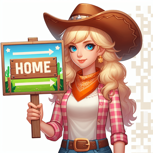 pretty blond human cowgirl holding a sign.
Single Game Texture. In-Game asset. 2d. Blank background. High contrast. No shadows.