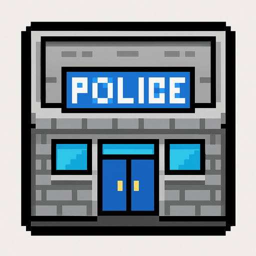 Poilce Station tile 2d pixilated topdown.
In-Game asset.  2d.  High contrast.  No shadows