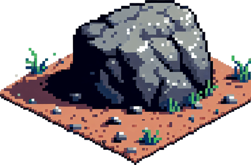 Pixel art boulder with dirt and blades of grass around the bottom. No ground or background.
Single Game Texture. In-Game asset. 2d. Blank background. High contrast. No shadows.
