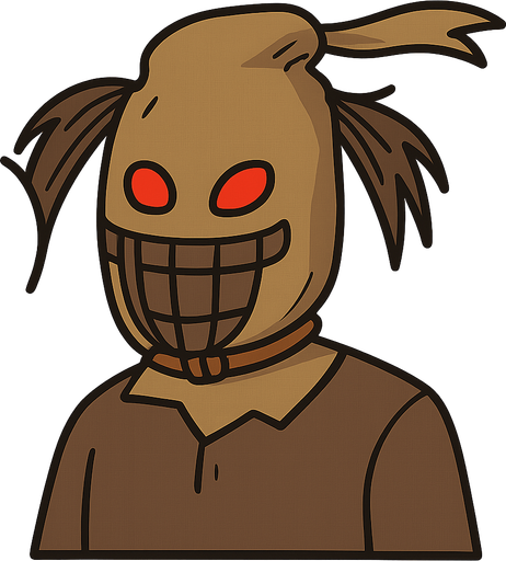 A man with a bag over his head and red eyes. No background. Transparent background. Blank background. No shadows. 2d. In-Game asset. flat