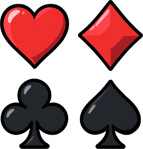 The four card suits arranged in 2x2 grid layout, no lines. Anime style.
In-Game asset.  2d.  High contrast.  No shadows