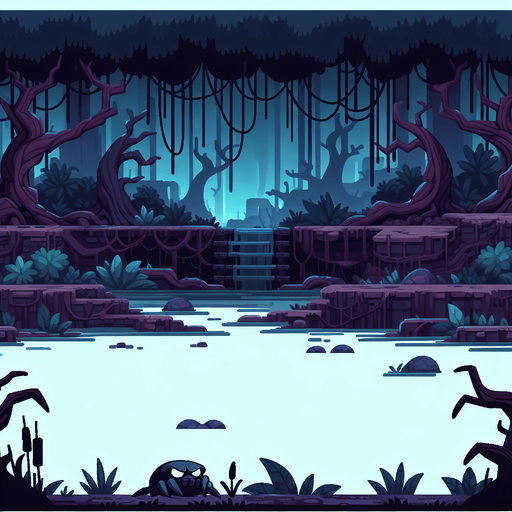 Cartoon tileable swamp background, dark
Single Game Texture. In-Game asset. 2d. Blank background. High contrast. No shadows.