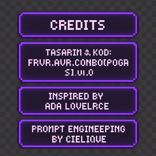 A transparent background pixel art UI table showing game credits. Each credit line is inside a separate softly glowing purple pixel-style rectangular box. Pixel font text is centered in each box and reads:

"Credits"
"Tasarım & Kod: FRVR.Ava.Combo[POGAAS].v1.0"
"Inspired by Ada Lovelace"
"Prompt Engineering by cielique"

No background or shadows. Only the pixel table with glowing boxes and readable pixel-style text. Maintain a clean, retro-modern design suitable for overlaying on a DJ bar scene. Resolution: 2048x2732, vertically aligned..
In-Game asset.  2d.  High contrast.  No shadows