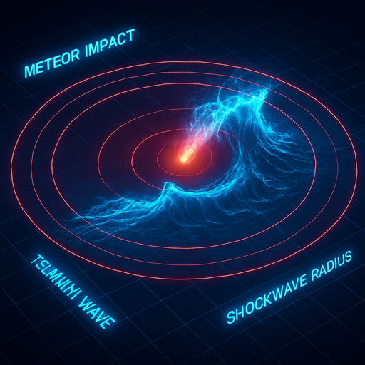 Overhead digital simulation hologram of oceanic meteor impact tsunami wave shockwave radius circle outward crashing neon cyberpunk 3d diagram