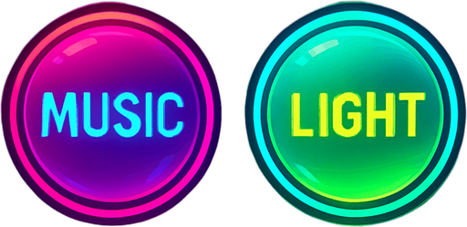 Setting buttons shapes as sphere or circle & have text 'Music' & another have text 'Light'. HD colors. cyberpunk. Abstract. Different colors.
In-Game asset.  2d.  High contrast.  No shadows