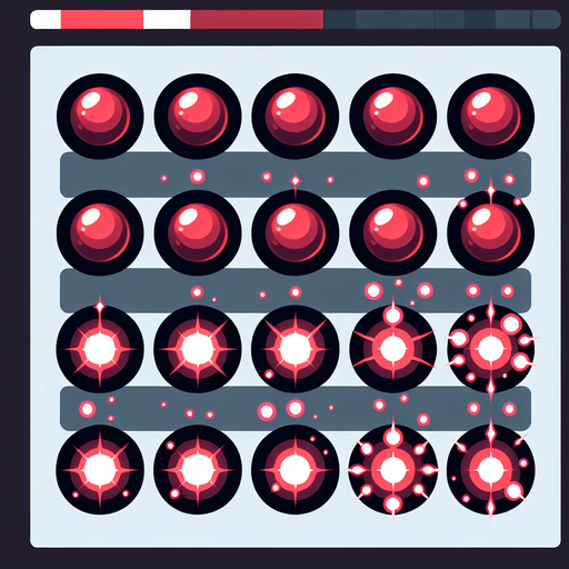 A sprite sheet of glowing red orbs for charging a laser.
Single Game Texture. In-Game asset. 2d. Blank background. High contrast. No shadows.