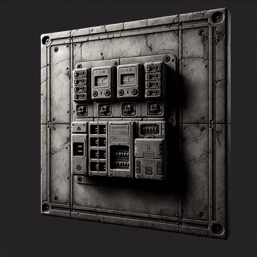 an eerie wall fusebox
Single Game Texture. In-Game asset. 2d. Blank background. High contrast. No shadows.
