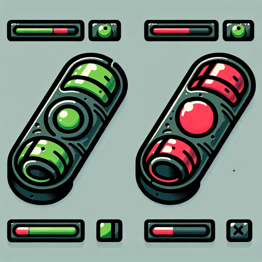 A sprite sheet featuring two large, flat toggle buttons for a hacking mobile game. Each toggle is cigar-shaped with rounded edges, displayed in active (green) and inactive (red) states.

The active state has a neon green fill with a circular slider positioned on the right, while the inactive state has a muted red fill with the slider on the left. The buttons are large and centered in the sprite sheet, with ample spacing and a clean, grey background. This design is minimalistic, clear, and ideal for a tech-themed game interface.
Single Game Texture. In-Game asset. 2d. Blank background. High contrast. No shadows.