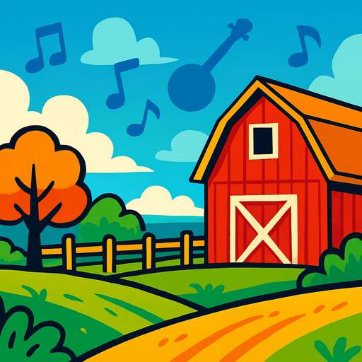 A vibrant cartoon-style background of a countryside scene with a barn, wooden fence, and wide blue sky, symbolizing American folk music. Add subtle music notes or banjo silhouette in the background. Export as a wide PN.
In-Game asset.  2d.  High contrast.  No shadows