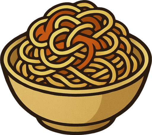 Bowl of spaghetti in professor Layton game style artwork.
In-Game asset.  2d.  High contrast.  No shadows