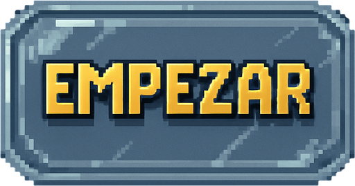 Transparent, colorless glass button that says "Empezar" (Spanish for "Start"), featuring an adventure video game font and Pixel Art style.