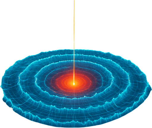 Overhead digital simulation hologram of oceanic meteor impact tsunami wave shockwave radius circle outward crashing neon cyberpunk 3d diagram Translucent projection grid