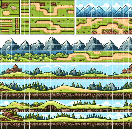 A tilesheet showing different terrains for the ground and platforms in an endless runner game. Some segments should be horizontal, while some should be going slightly uphill or downhill. Each segment should be approximately the same length, and they should have similar textures that allow them to more or less seamlessly be pieced together to form larger stretches. The tileset should only include the ground segments and not any backgrounds. Mountaineous, grassy, medieval fantasy..
Single Game Texture. In-Game asset. 2d. Blank background. High contrast. No shadows.