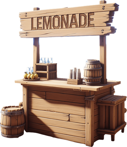 An empty beach side lemonade stand..
Single Game Texture. In-Game asset. 2d. Blank background. High contrast. No shadows.