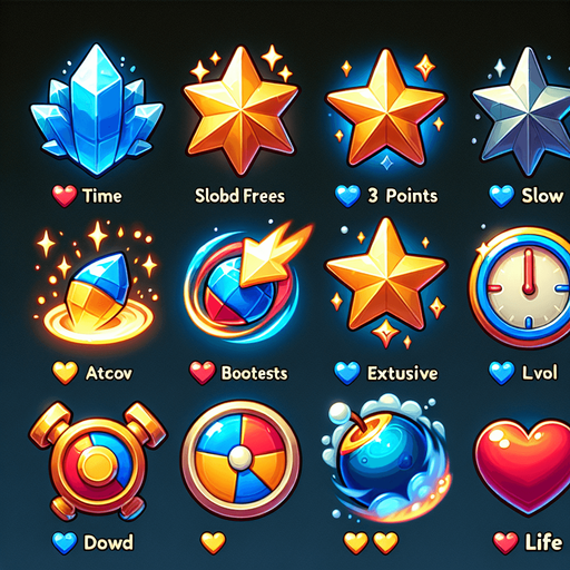 A set of vibrant, game-ready power-up icons designed for a fast-paced slicing game. The icons should have a glossy, high-quality 3D look with a slight glow effect. Each power-up represents a unique ability: a time freeze (ice crystal), a double points booster (golden star), a slow-motion effect (blue clock with a motion blur), an explosion (fiery bomb), and an extra life (red heart). The icons should be visually distinct and optimized for mobile gaming, rendered in 256x256 resolution with a transparent background.".
Single Game Texture.  In-Game asset.  2d.  Blank background.  High contrast.  No shadows