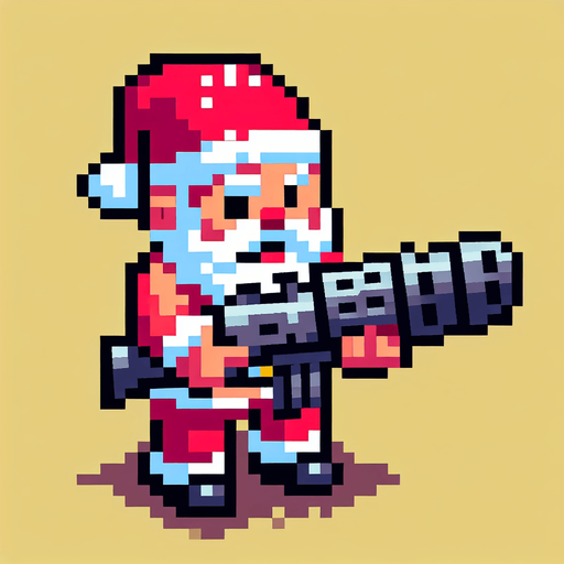 a top view of a 16 bit sprite santa with a bazooka Single Game Texture. In-Game asset. 2d. Blank background. High contrast. No shadows.