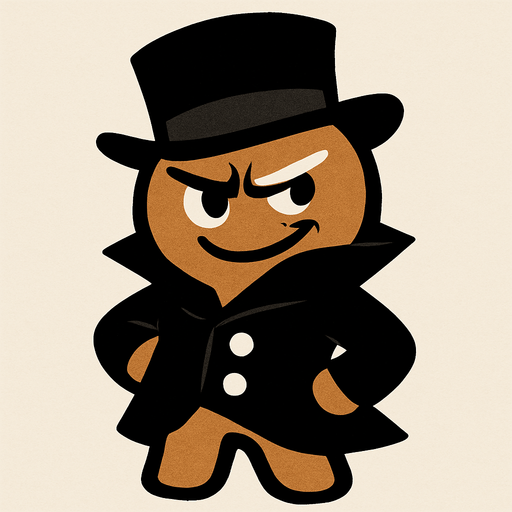 Bana biraz sinsi gülüş atan, siyah şapkası ve giysisi olan bir kurabiye çiz (Asil dursun) ..
In-Game asset.  2d.  High contrast.  No shadows