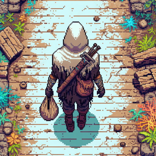 Directly overhead, plumb view of a beggar heading top (we see his back)..
Zenith view, directly overhead, plumb view. NOT PERSPECTIVE! Fantasy theme. Pixel art