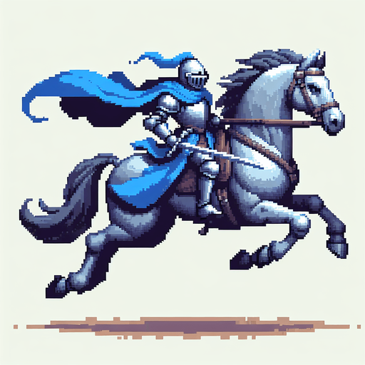 2d 16 bit image the blue knight ride armored grey horse run mode. horizontal image.
Single Game Texture.  In-Game asset.  2d.  Blank background.  High contrast.  No shadows