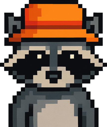 mapache de pixeles con sombrero pesquero.
In-Game asset.  2d.  High contrast.  No shadows