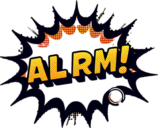 "ALARM" text bubble yellow, comic book style..
Single Game Texture. In-Game asset. 2d. Blank background. High contrast. No shadows.
