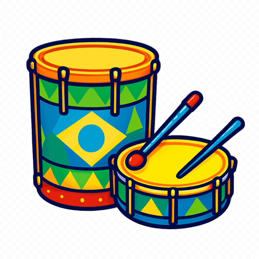 A bright, cartoon-style illustration of Brazilian samba drums including a tamborim and surdo, decorated with carnival colors. Transparent rounded background PNG, optimized for game asset..
In-Game asset.  2d.  High contrast.  No shadows