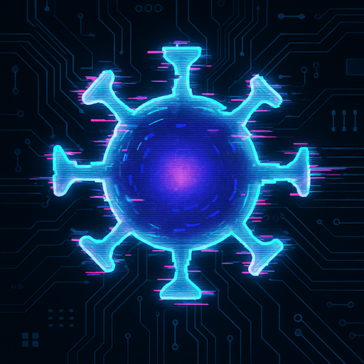 topdown view, glitchy digital virus, distorted edges, purple-blue core, semi-transparent parts, digital glitch effect around edges, ethereal appearance, fits motherboard environment, vectorel draw.
In-Game asset.  2d.  High contrast.  No shadows