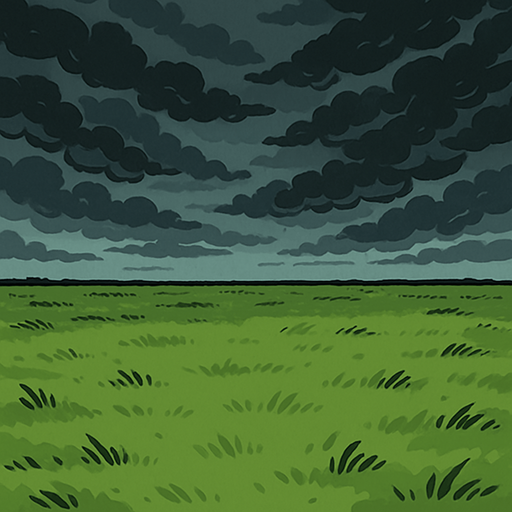 An open space of grass with dark rainy clouds up above
Easily looper.
In-Game asset.  2d.  High contrast.  No shadows