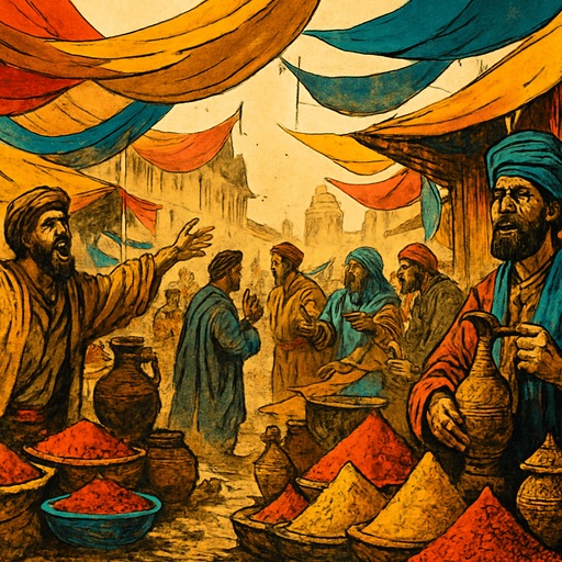 A dusty medieval trade bazaar with exotic goods, traders shouting, spices in the air, colorful fabrics blowing in the wind, realistic.
In-Game asset.  2d.  High contrast.  No shadows