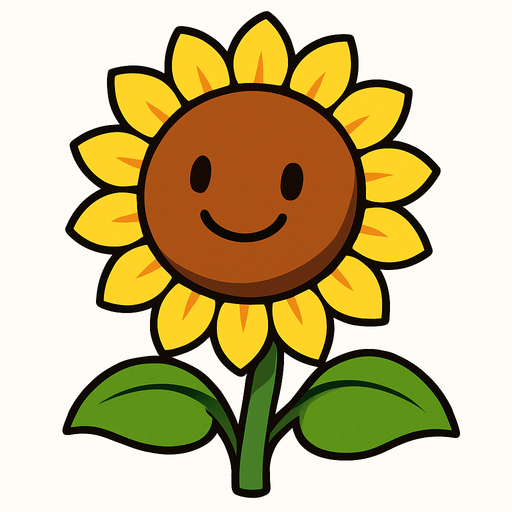 Un girasol con una cabeza redonda y marrón con pétalos amarillos brillantes que lo rodean como una corona. Su tallo es verde y tiene dos hojas grandes y anchas que sobresalen a los lados. En su cara, tiene dos ojos pequeños y negros, y una boca curvada en una sonrisa amigable..
In-Game asset.  High contrast.  No shadows