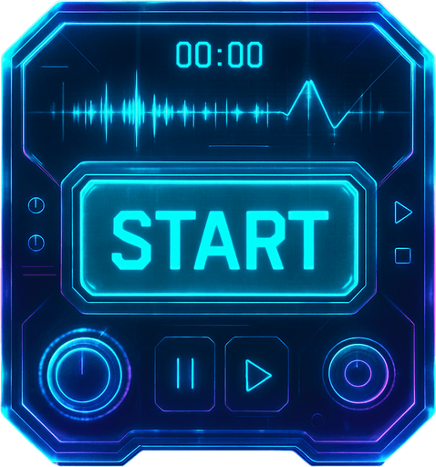 Start button in the shape of a protorealistic holographic futuristc music player.
Front view.