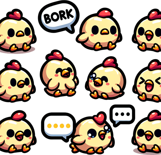 Chicken chicks with small bork speech bubbles.
Single Game Texture.  In-Game asset.  2d.  Blank background.  High contrast.  No shadows