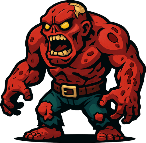 Giant boss angry reddish zombie. 2D..
In-Game asset.  2d.  High contrast.  No shadows