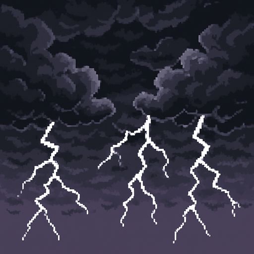 Storm clouds background, dark gray clouds, lightning bolts, dramatic sky, purple-gray gradient, 2D pixel art.
In-Game asset.  2d.  High contrast.  No shadows