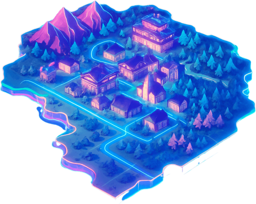 Top down isometric anime region neon map grid hologram