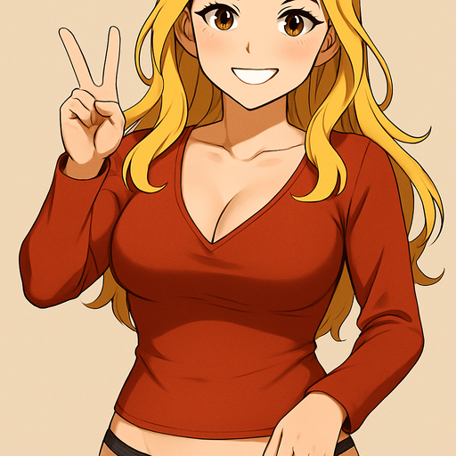 Show her from a little further away and make a victory sign with her hand and smiley face