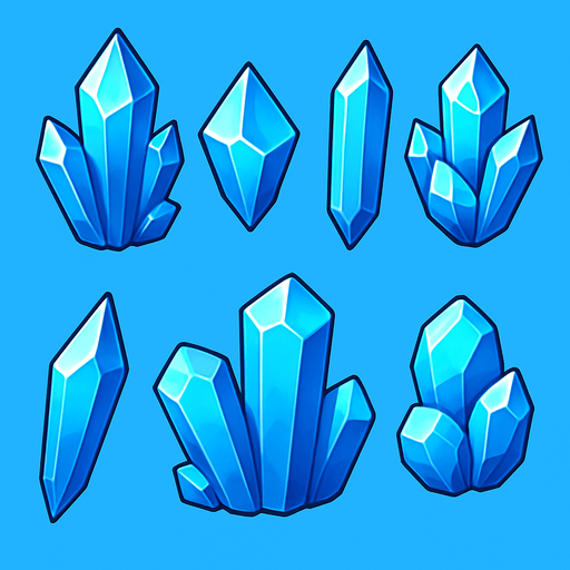 Pack of a different crystal assets. Blue sky color. HD colors..
In-Game asset.  2d.  High contrast.  No shadows