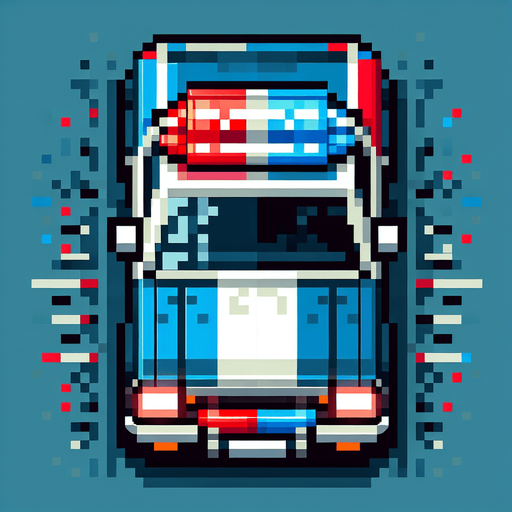 Top-down view of a pixel art police car with flashing red and blue lights, 64x64, arcade retro style".
Single Game Texture.  In-Game asset.  2d.  Blank background.  High contrast.  No shadows