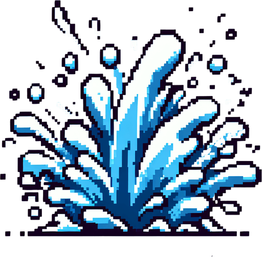 8-bit water splash effect.
Single Game Texture. In-Game asset. 2d. Blank background. High contrast. No shadows.