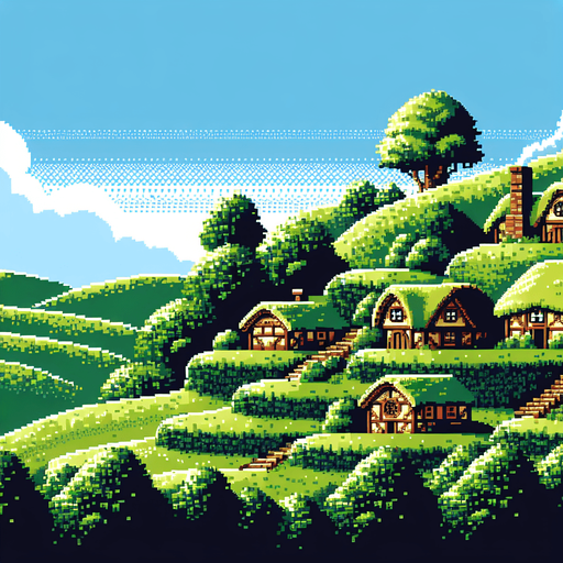 A 16 bit pixel art horizon line of a pastural hobbit village. A beautiful verdant village in the distance with rolling hills and blue skies.
Single Game Texture. In-Game asset. 2d. Blank background. High contrast. No shadows.