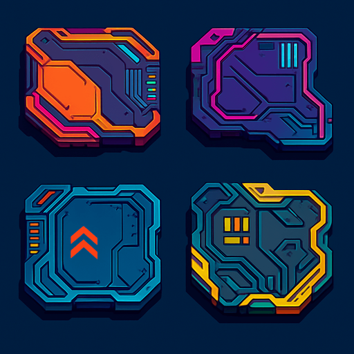 Futuer complicated floors. Cyberpunk. Abstract. separated. Different colors. HD colors.
In-Game asset.  2d.  High contrast.  No shadows